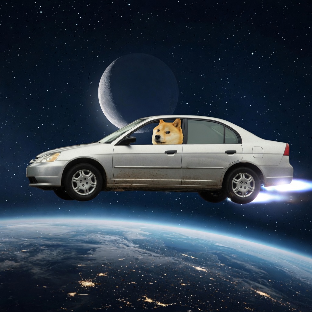 A dusty satin-silver 2001 Honda Civic sedan in side view, flying above the night side of Earth. A Shiba Inu has its head out the driver's window. Blue flames come from under the rear bumper. A crescent moon hangs behind the roof.